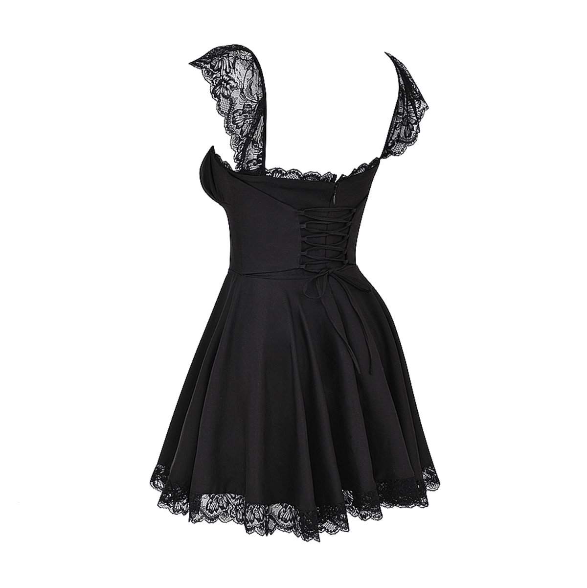 Lace Trim Cap Sleeve Lace-Up Corset Back Flared Mini Dress