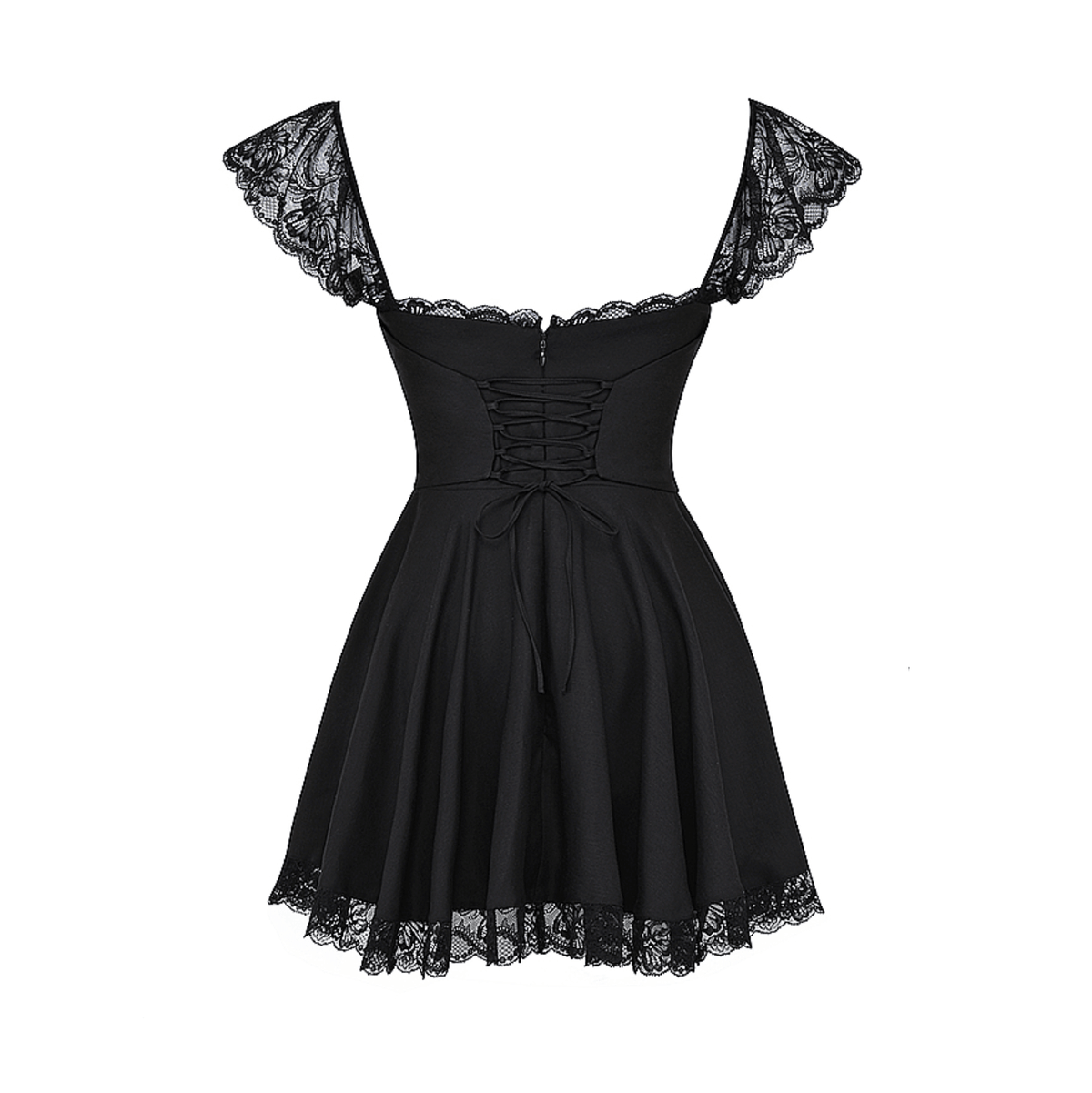 Lace Trim Cap Sleeve Lace-Up Corset Back Flared Mini Dress