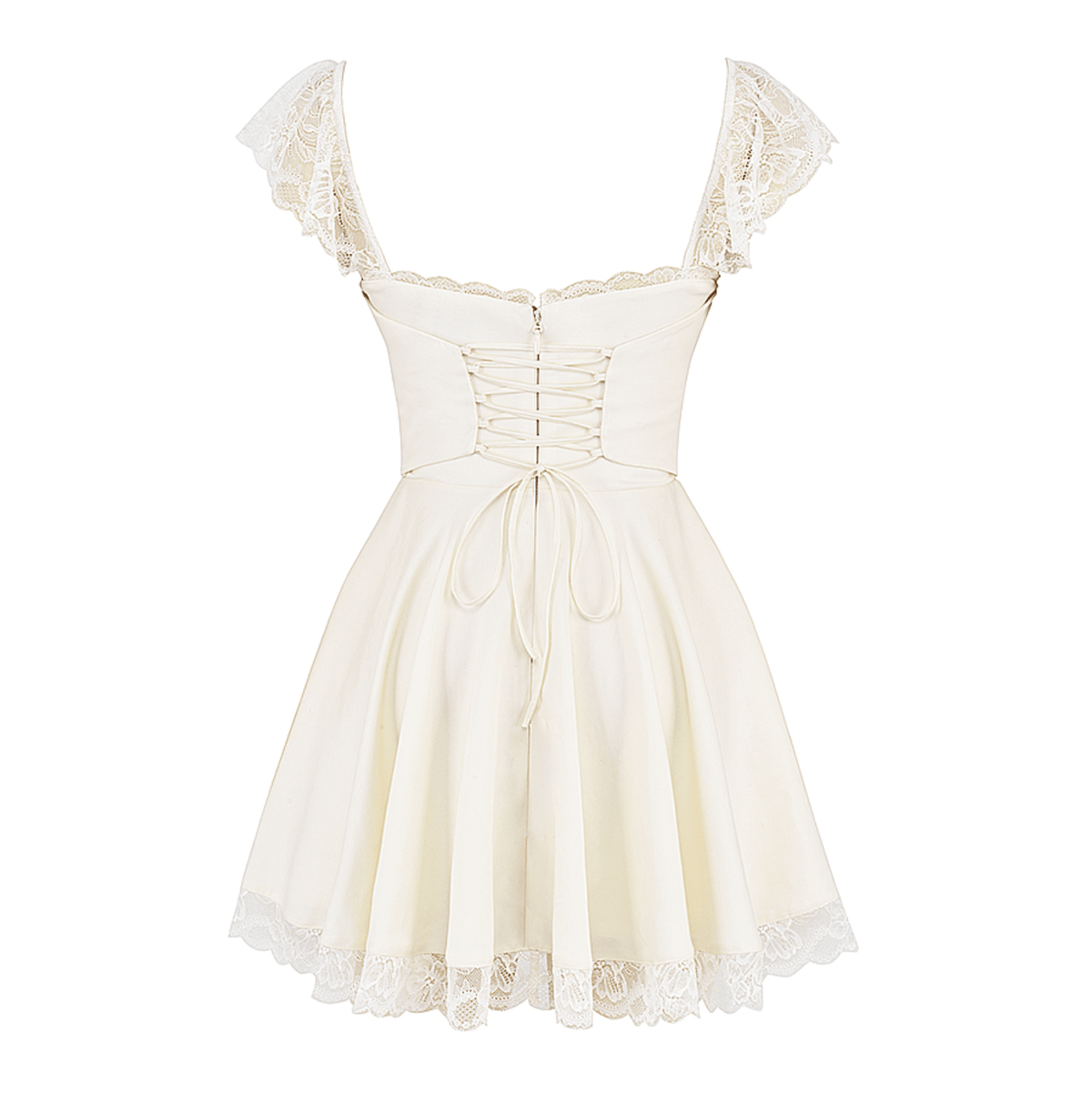 Lace Trim Cap Sleeve Lace-Up Corset Back Flared Mini Dress