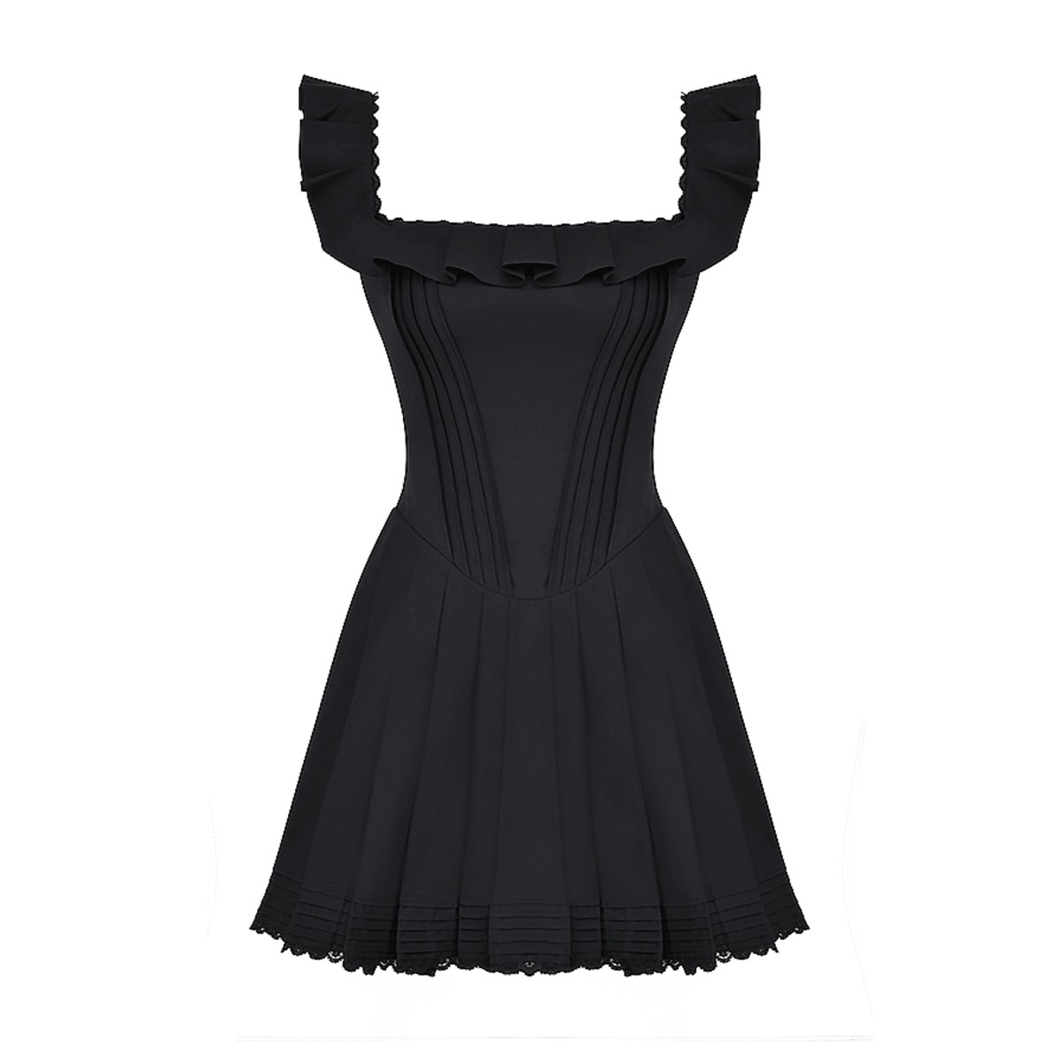 Black Ruffle Strap Square Neck Pleated Corset Lace Trim Flared Mini Dress