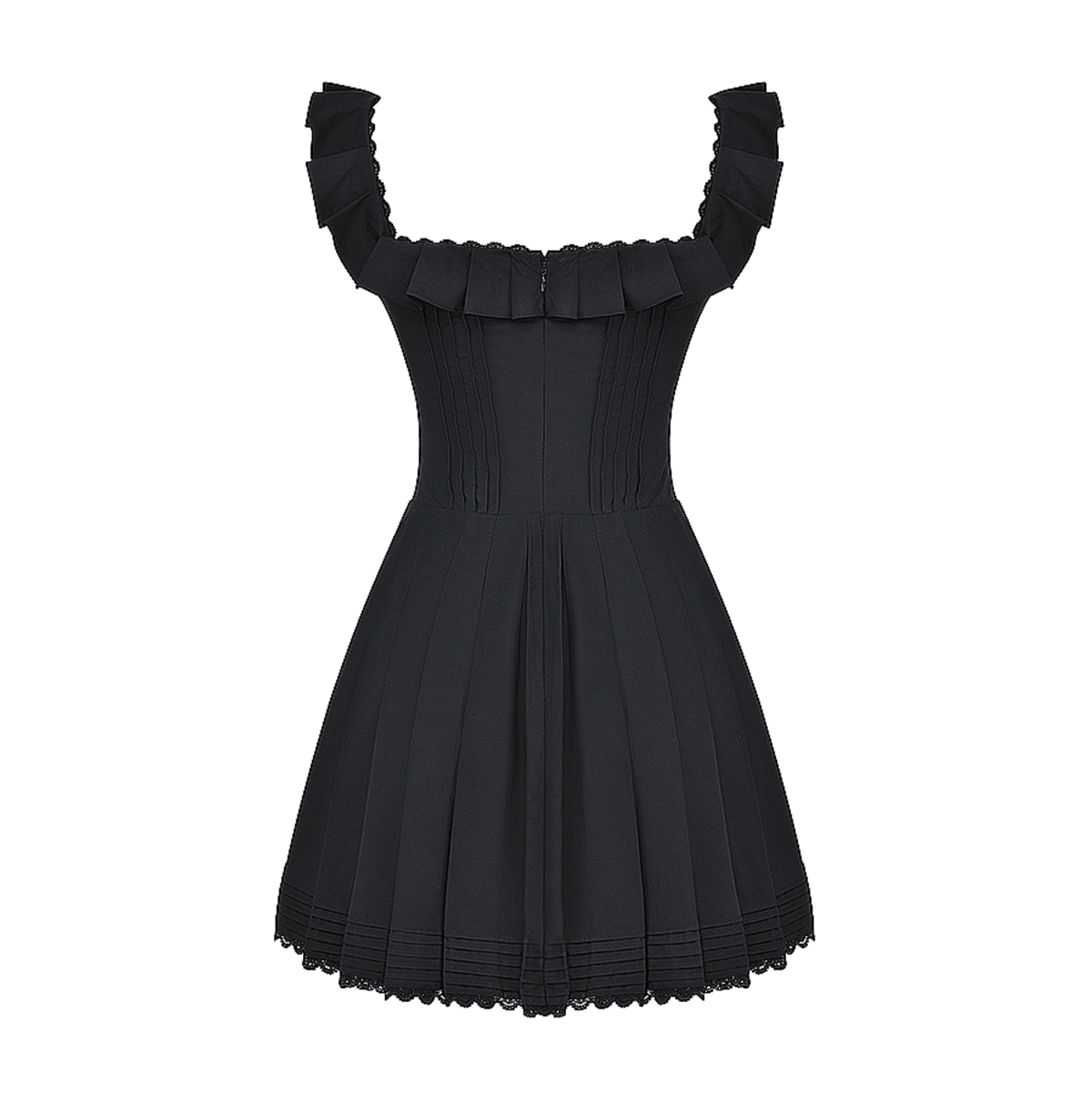 Black Ruffle Strap Square Neck Pleated Corset Lace Trim Flared Mini Dress