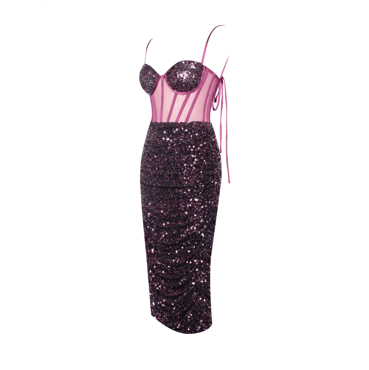 Spaghetti Strap Sequin Corset Ruched Bodycon Midi Dress
