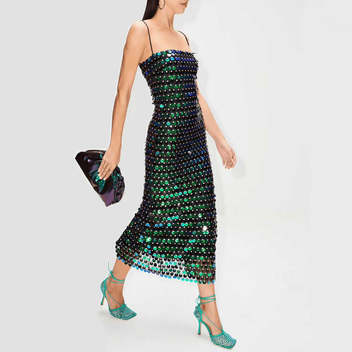 Spaghetti Strap Disc Paillette Sequin Bodycon Midi Dress