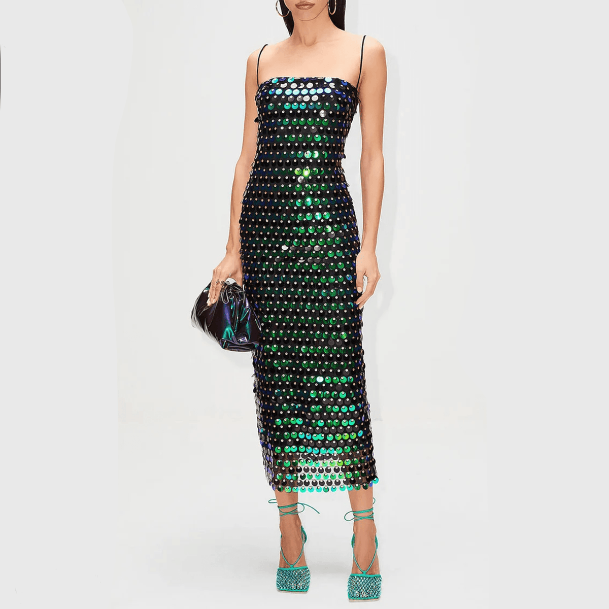 Spaghetti Strap Disc Paillette Sequin Bodycon Midi Dress