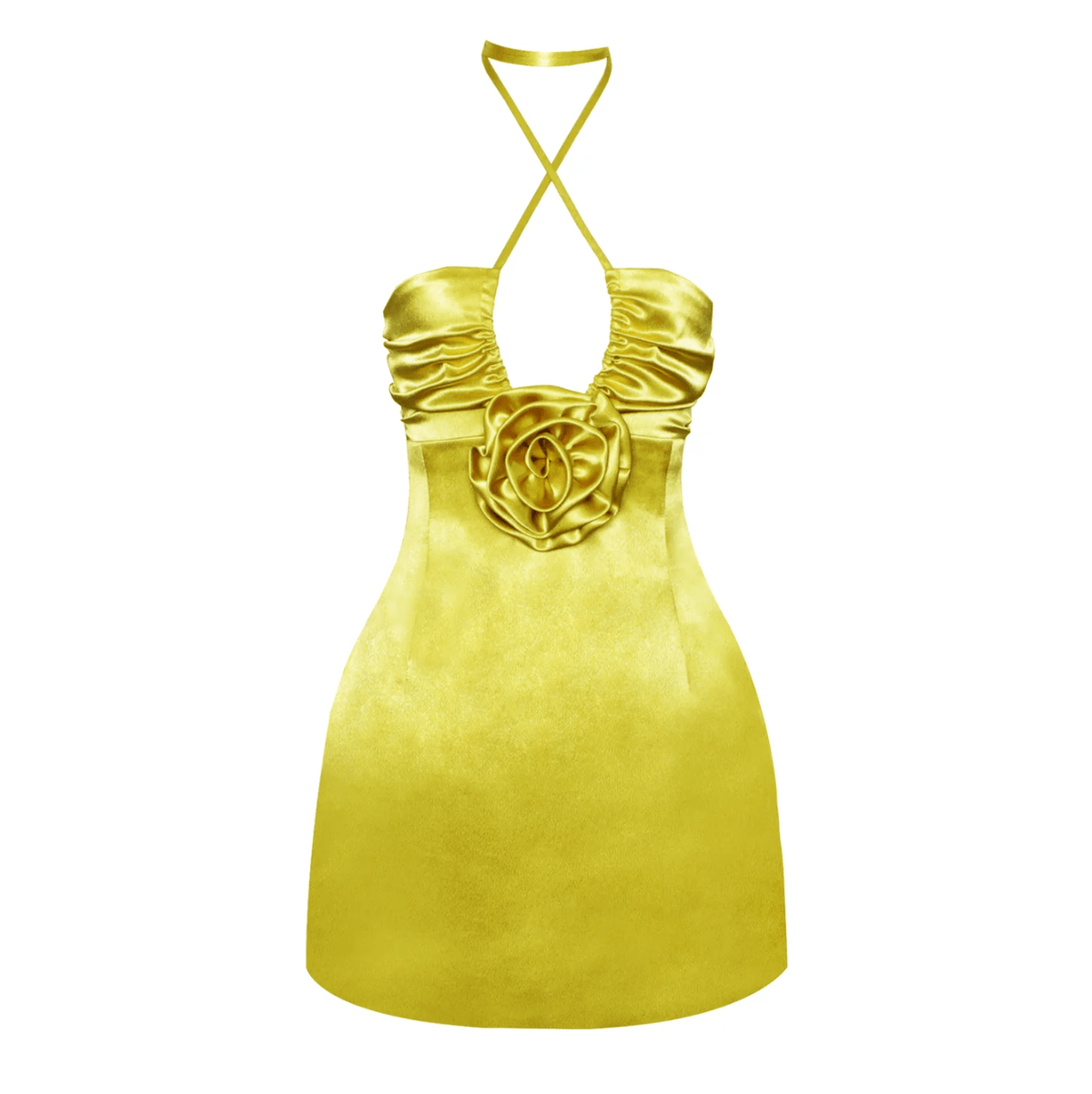 Gold Halter Neck Satin Rosette Applique Keyhole A-Line Mini Dress
