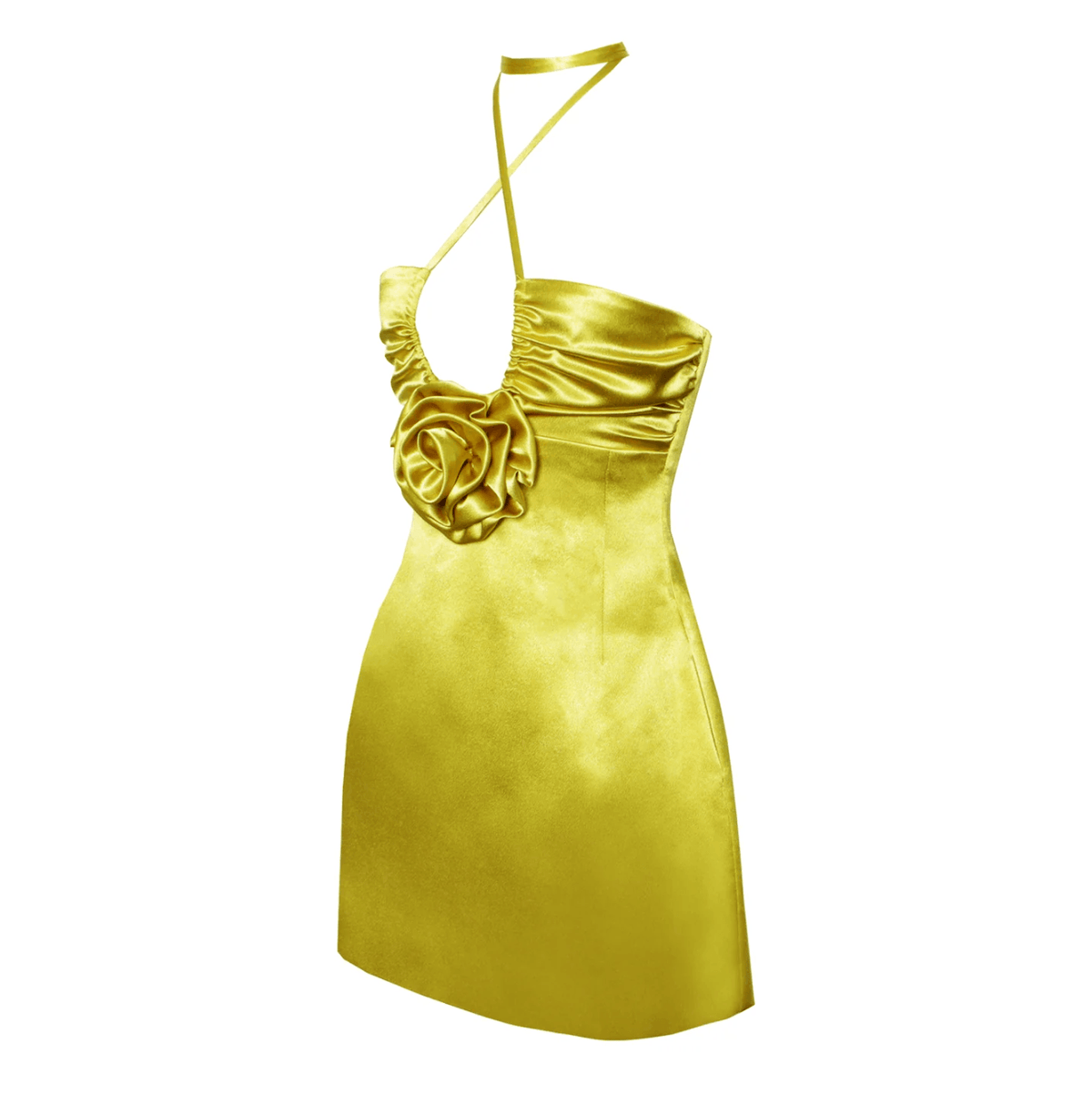 Gold Halter Neck Satin Rosette Applique Keyhole A-Line Mini Dress