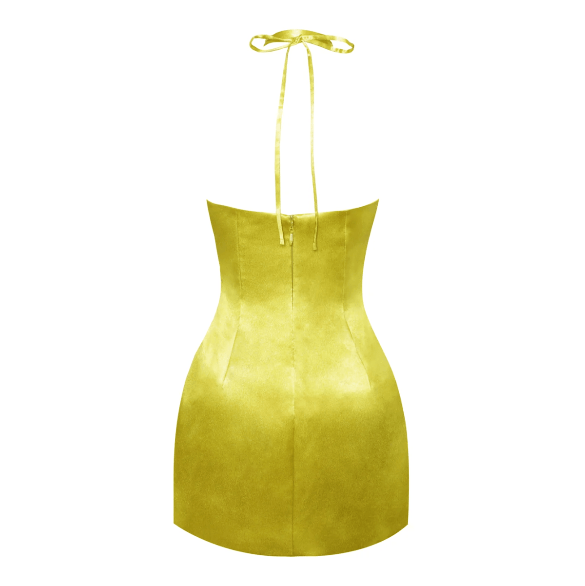 Gold Halter Neck Satin Rosette Applique Keyhole A-Line Mini Dress