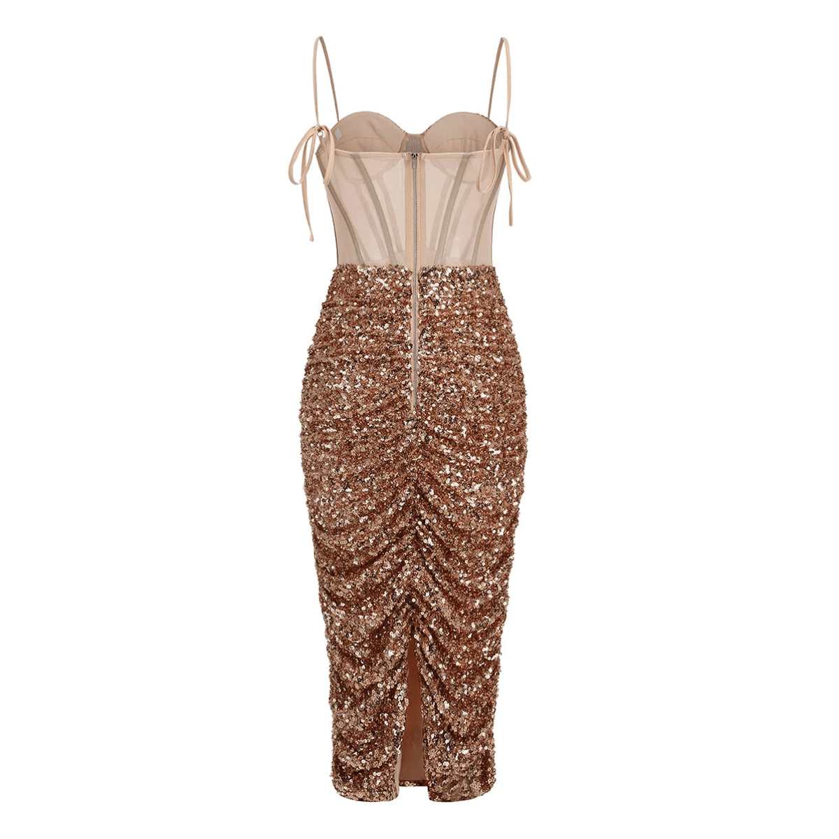 Spaghetti Strap Sequin Corset Ruched Bodycon Midi Dress