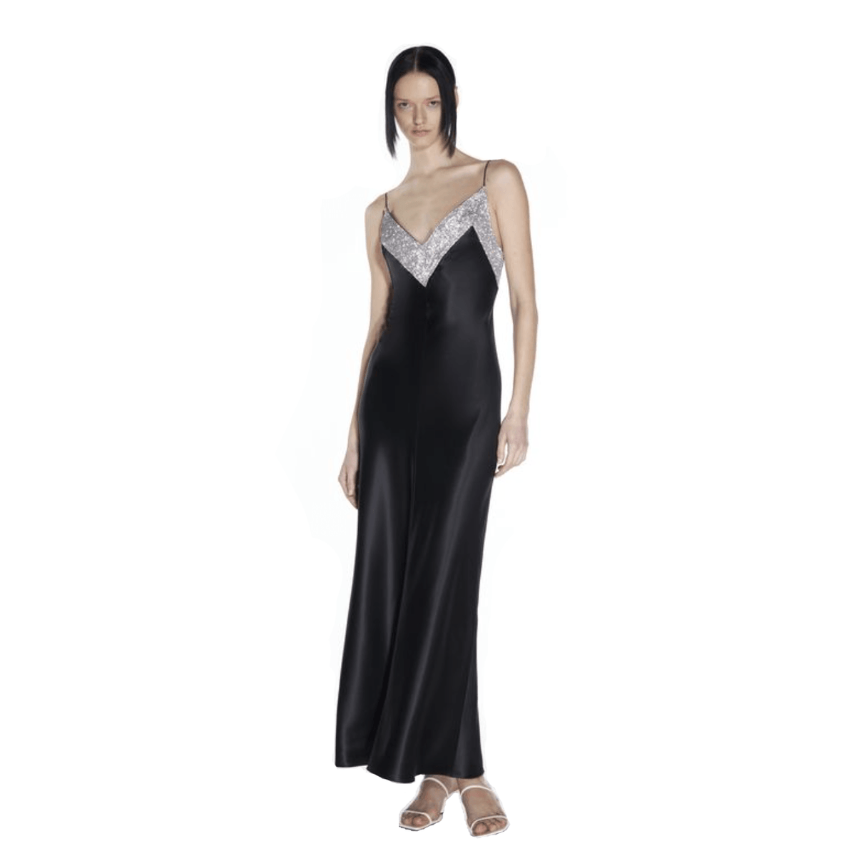 Black Rhinestone Strap Crystal Embellished V-Neck Satin Bodycon Maxi Dress