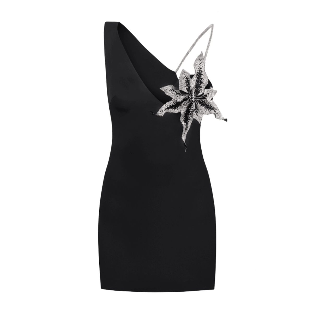 Black One-Shoulder Plunge Crystal Floral Applique Bodycon Mini Dress