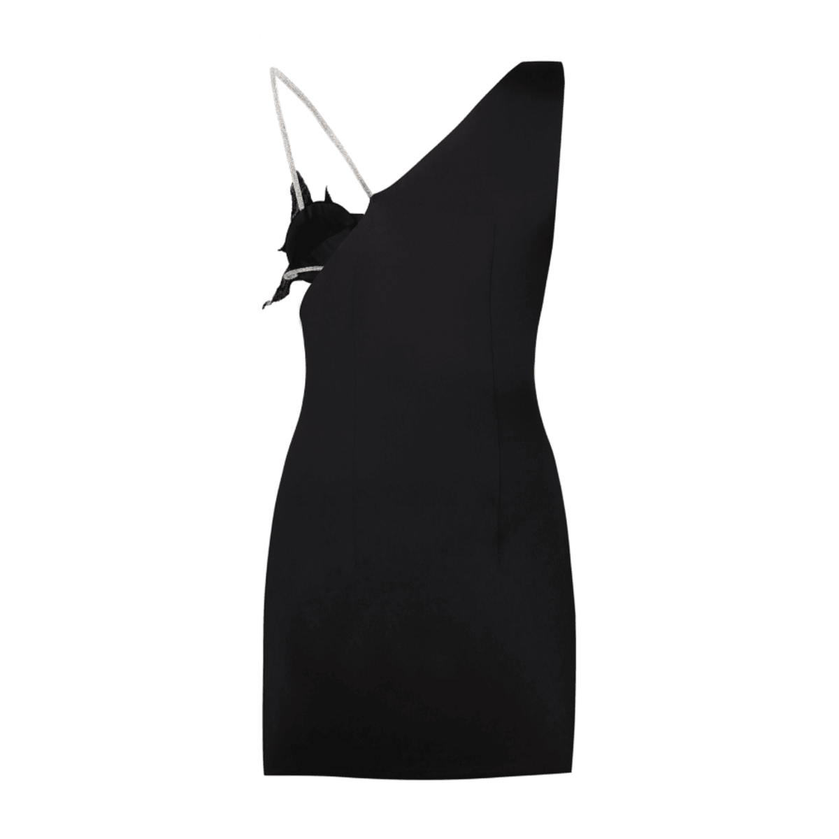 Black One-Shoulder Plunge Crystal Floral Applique Bodycon Mini Dress