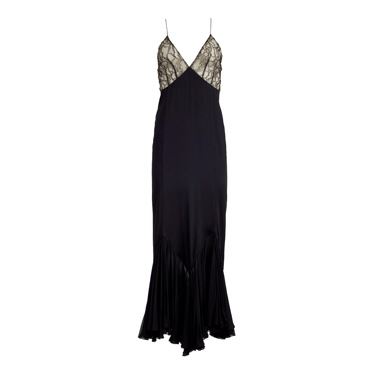 Black Spaghetti Strap Lace V-Neck Satin Fishtail Mermaid Maxi Dress
