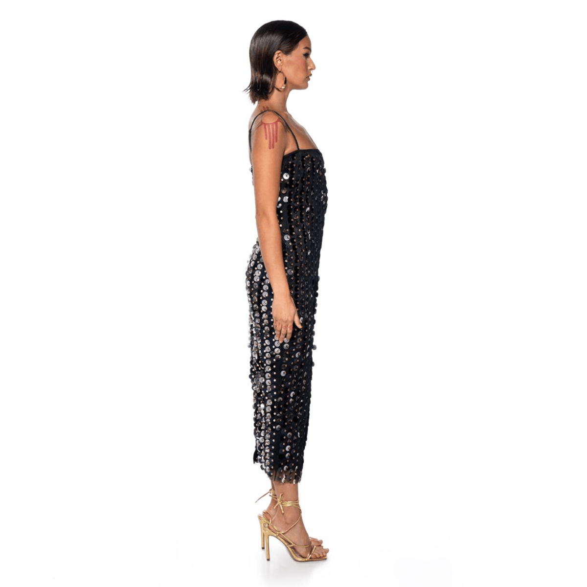 Spaghetti Strap Disc Paillette Sequin Bodycon Midi Dress