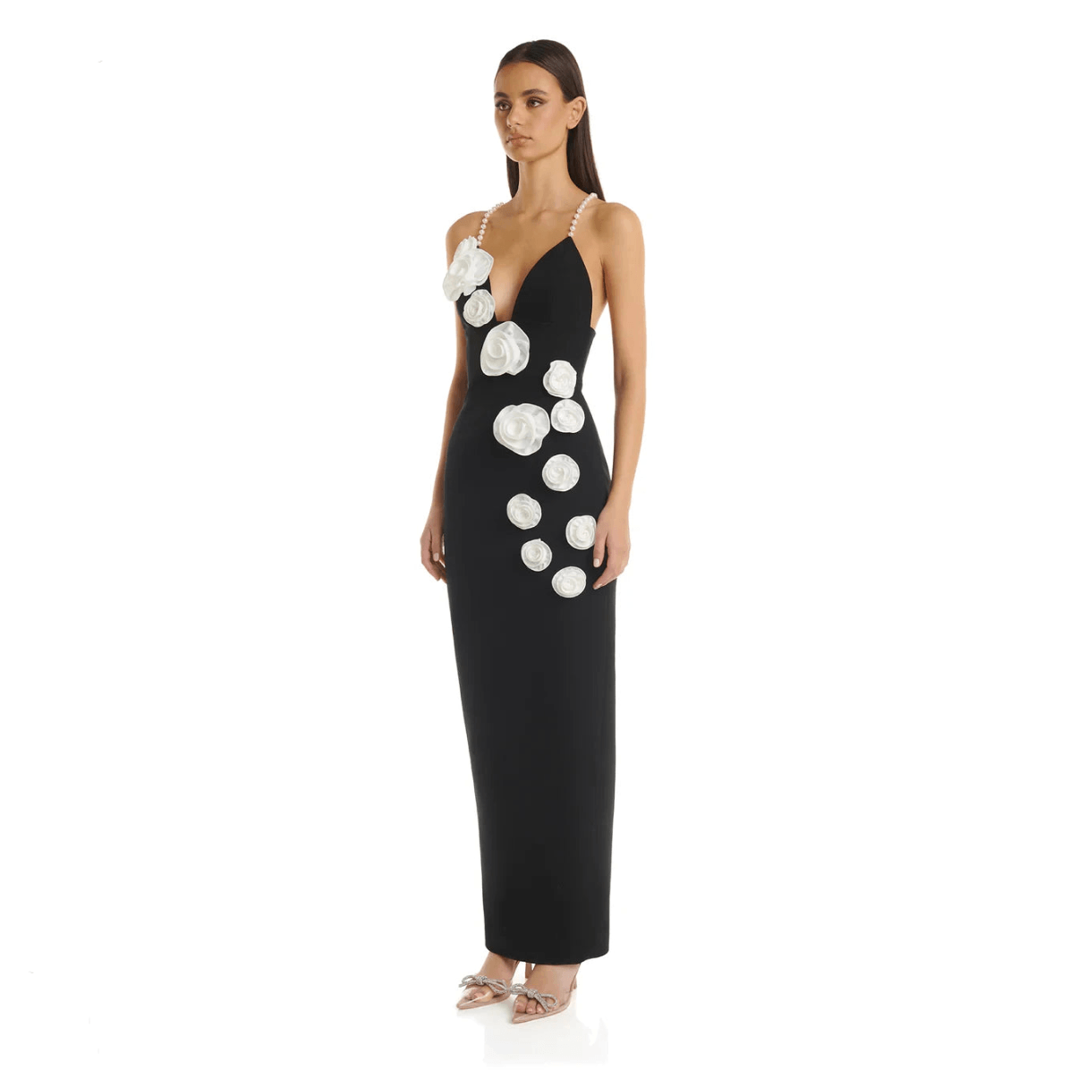 Black Pearl Strap Plunge Rosette Applique Bodycon Maxi Dress