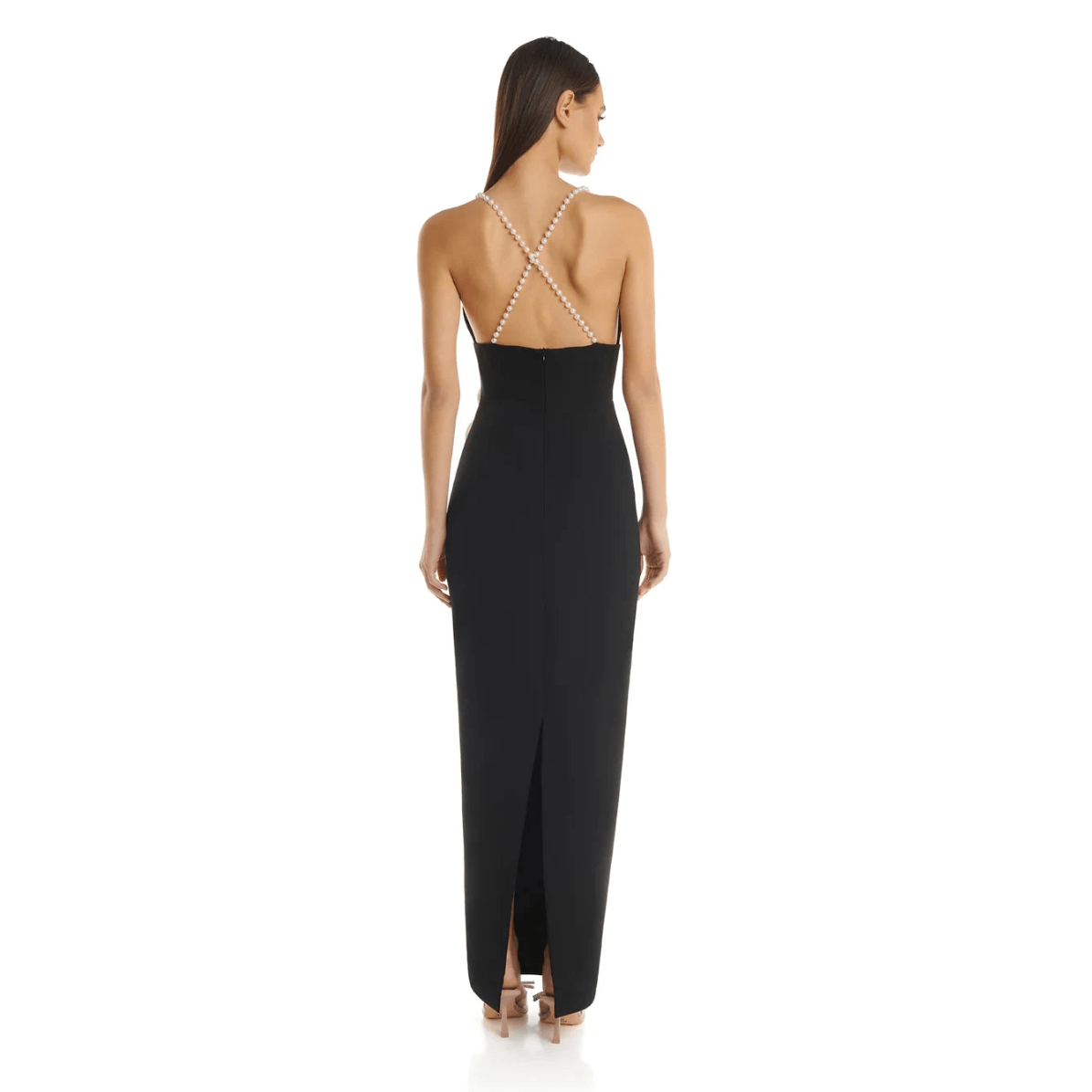 Black Pearl Strap Plunge Rosette Applique Bodycon Maxi Dress