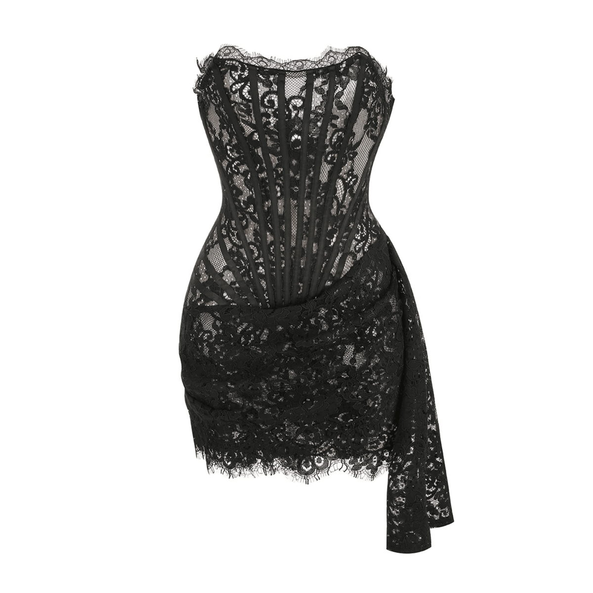 Strapless Sweetheart Lace Corset Draped Bodycon Mini Dress