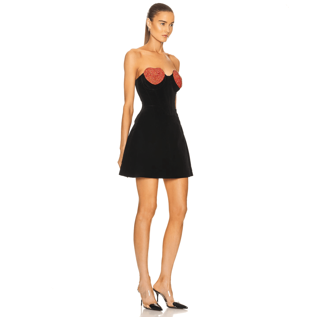 Black Strapless Heart Beaded Cup Velvet Corset Mini Dress