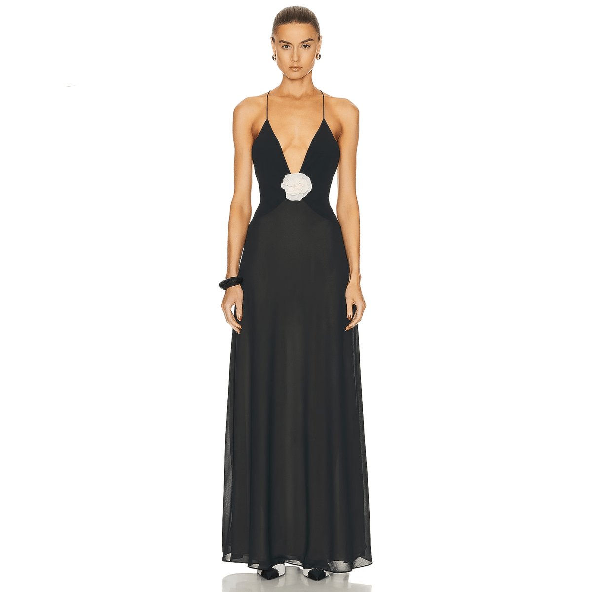 Spaghetti Strap Deep V-Neck Rosette Bodycon Maxi Gown