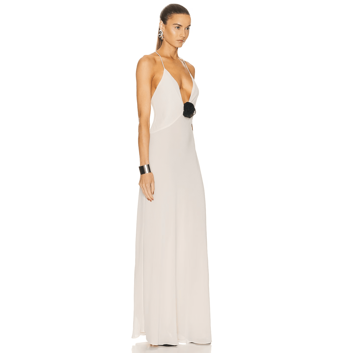 Spaghetti Strap Deep V-Neck Rosette Bodycon Maxi Gown