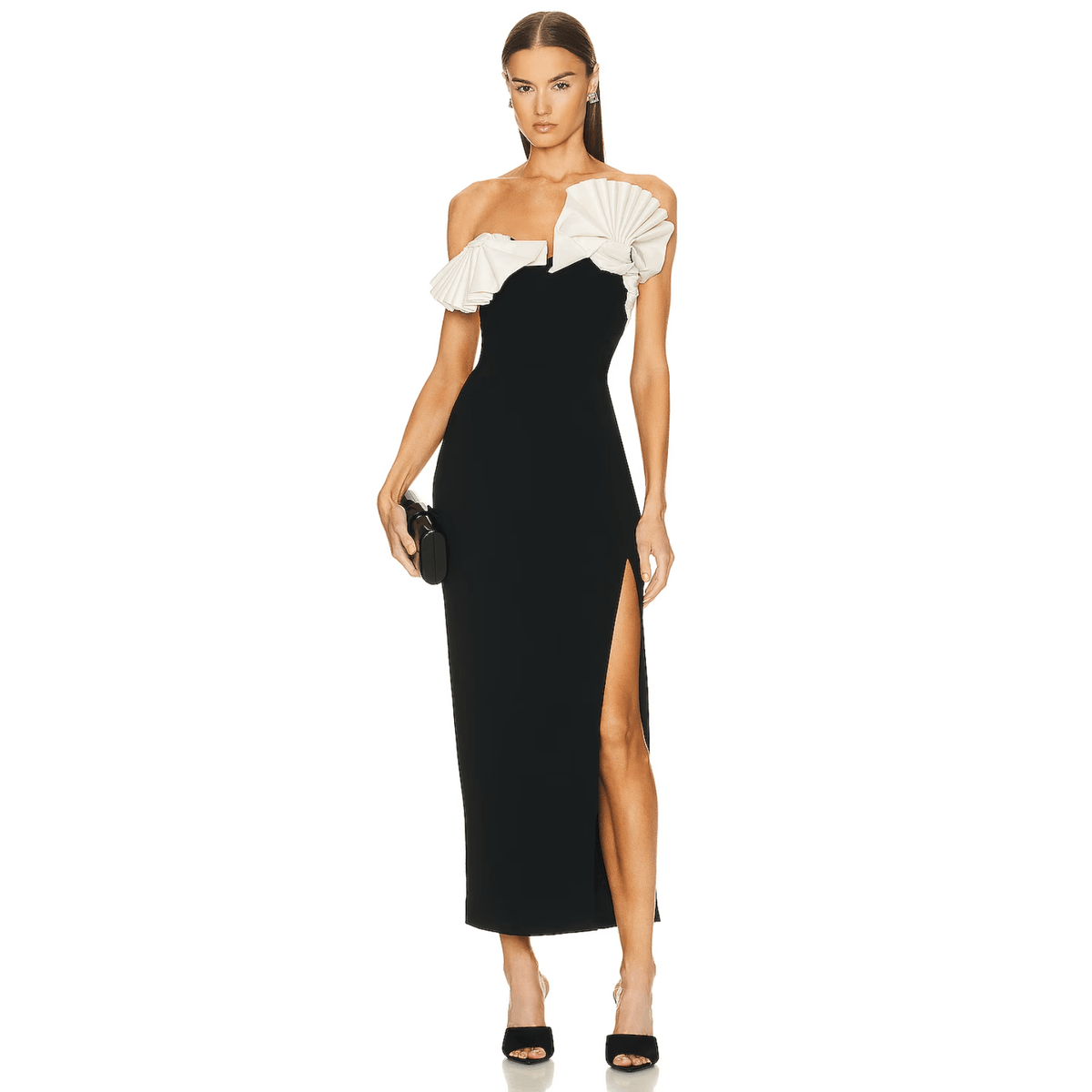 Black Strapless Contrast Ruffle Bow High Slit Column Maxi Gown
