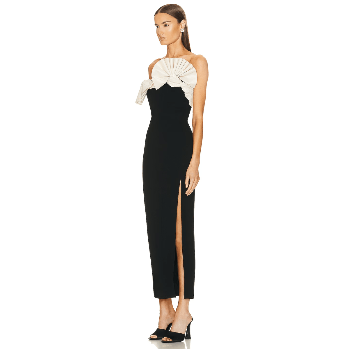Black Strapless Contrast Ruffle Bow High Slit Column Maxi Gown
