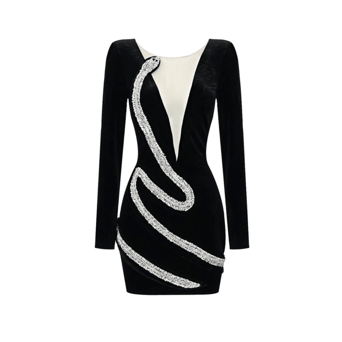 Black Plunge V-Neck Long Sleeve Velvet Rhinestone Embellished Bodycon Mini Dress