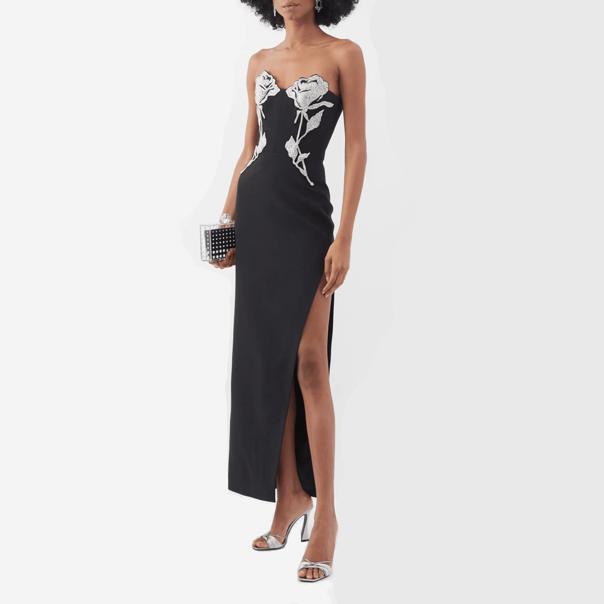 Black Strapless Crystal Rose Embroidered High Slit Corset Maxi Gown