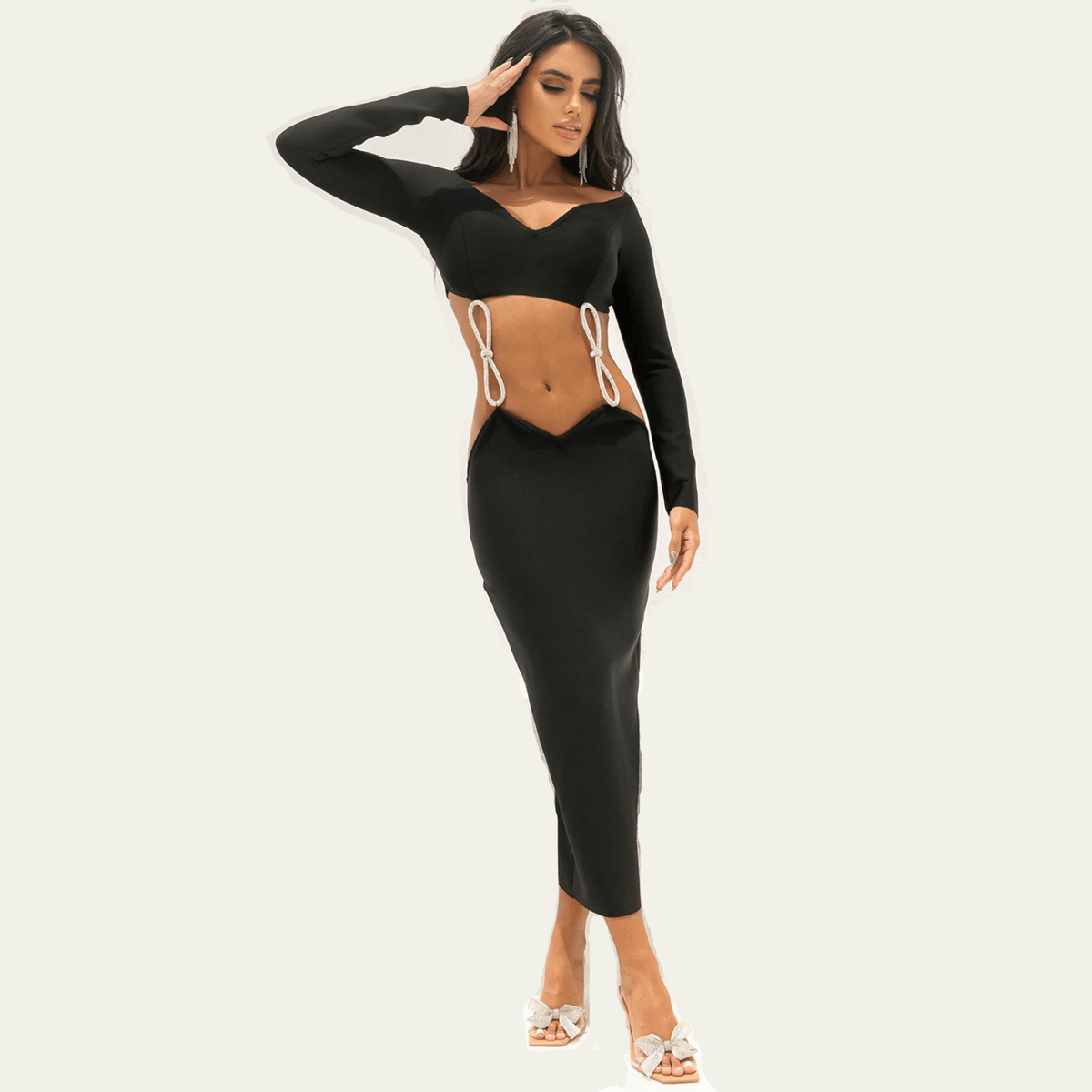 Black Sweetheart Neck Long Sleeve Rhinestone Bow Cutout Bodycon Midi Dress 7