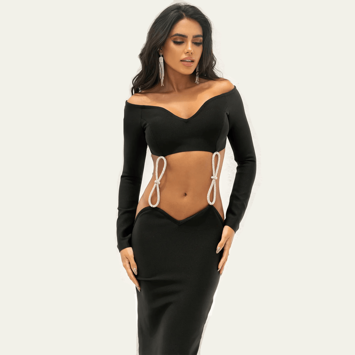Black Sweetheart Neck Long Sleeve Rhinestone Bow Cutout Bodycon Midi Dress 8