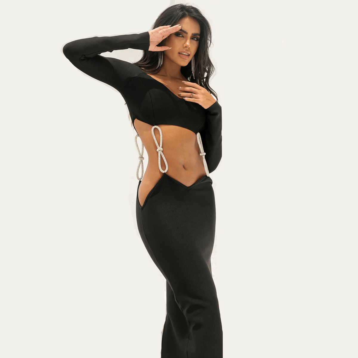 Black Sweetheart Neck Long Sleeve Rhinestone Bow Cutout Bodycon Midi Dress 9