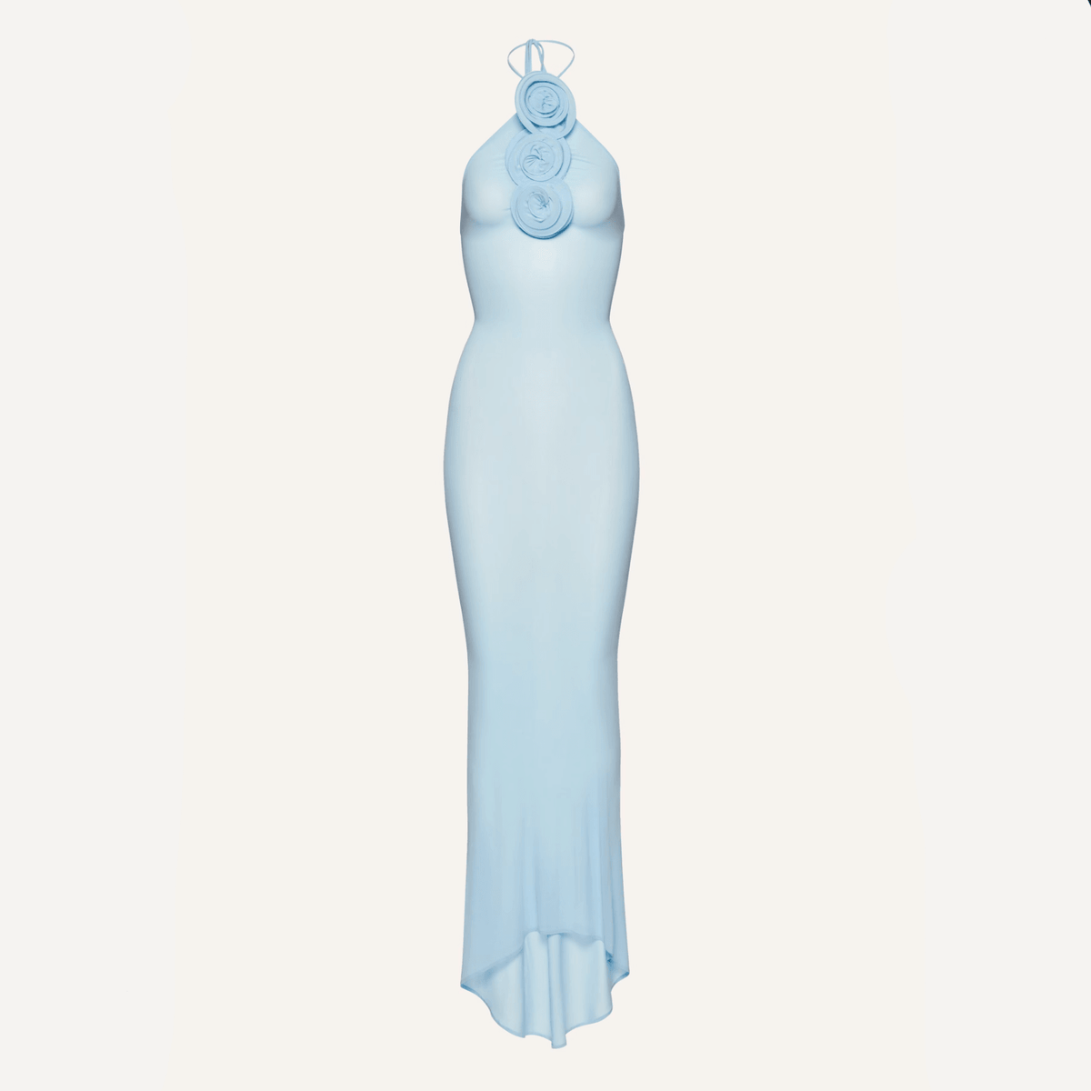 Sky Blue Halter Neck Rose Applique Mesh Bodycon Maxi Dress 9