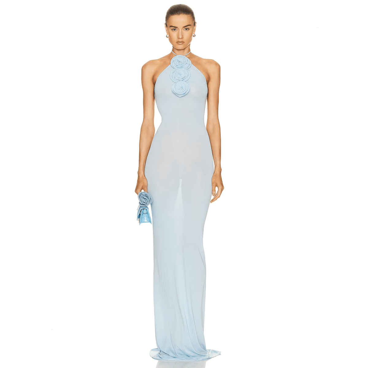 Sky Blue Halter Neck Rose Applique Mesh Bodycon Maxi Dress 6