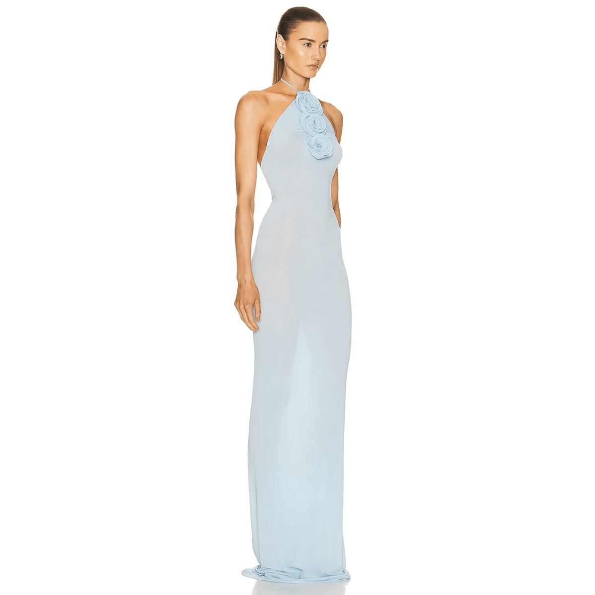 Sky Blue Halter Neck Rose Applique Mesh Bodycon Maxi Dress 7