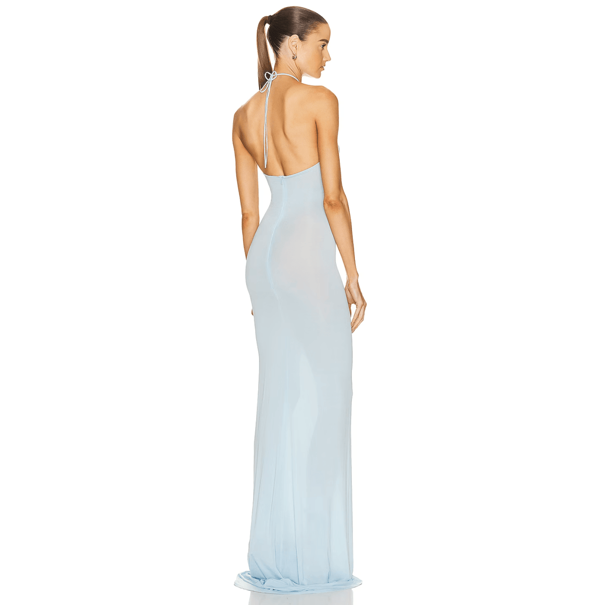 Sky Blue Halter Neck Rose Applique Mesh Bodycon Maxi Dress 8
