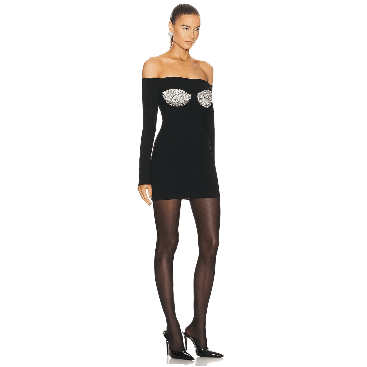 Black Off-Shoulder Long Sleeve Rhinestone Cup Bodycon Mini Dress 7