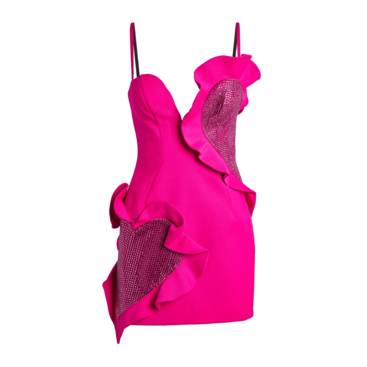 Pink Spaghetti Strap Sweetheart Crystal Heart Ruffle Bodycon Mini Dress