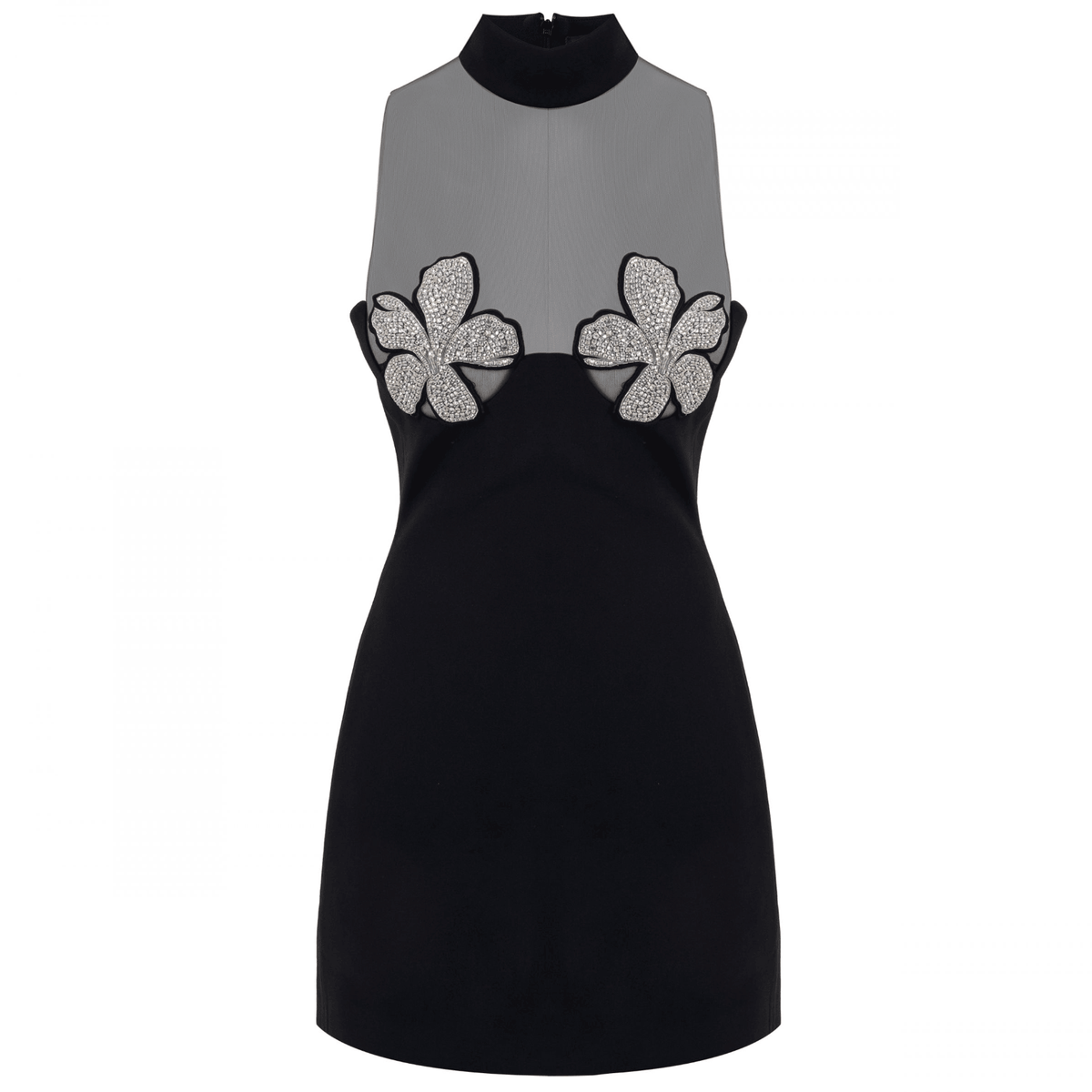 Black High Neck Crystal Floral Mesh Illusion Bodycon Mini Dress 7