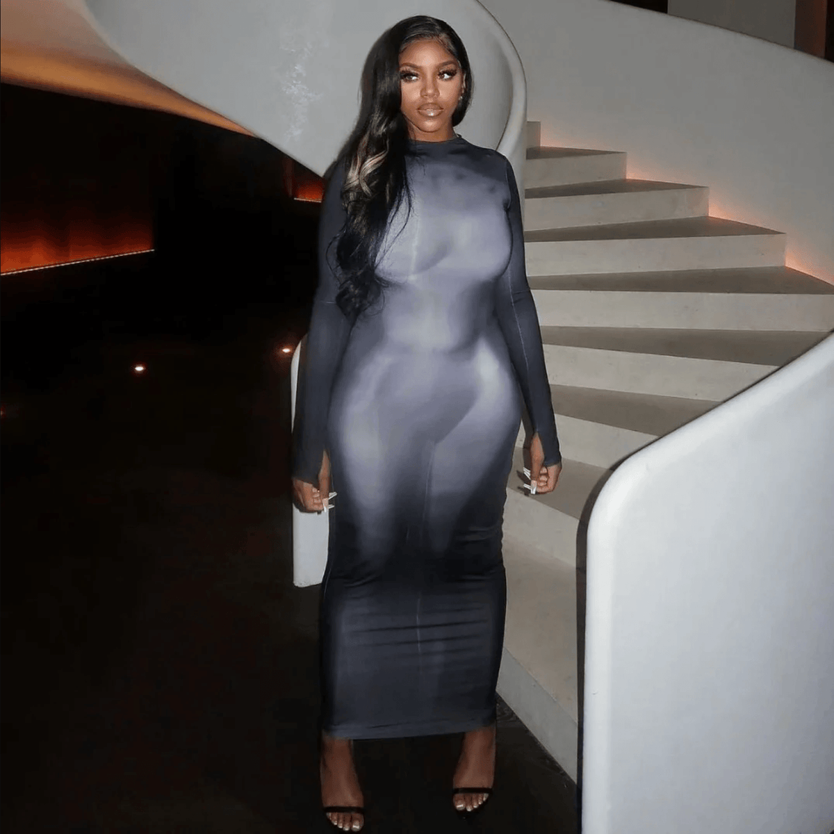 Blue Mock Neck Body Print Long Sleeve Bodycon Maxi Dress