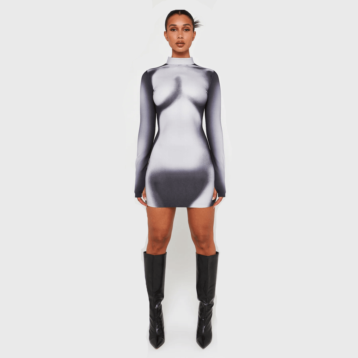 White Mock Neck Body Print Long Sleeve Bodycon Mini Dress 9