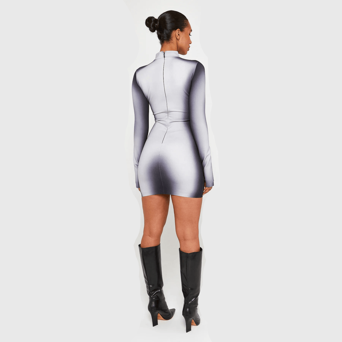 White Mock Neck Body Print Long Sleeve Bodycon Mini Dress 12