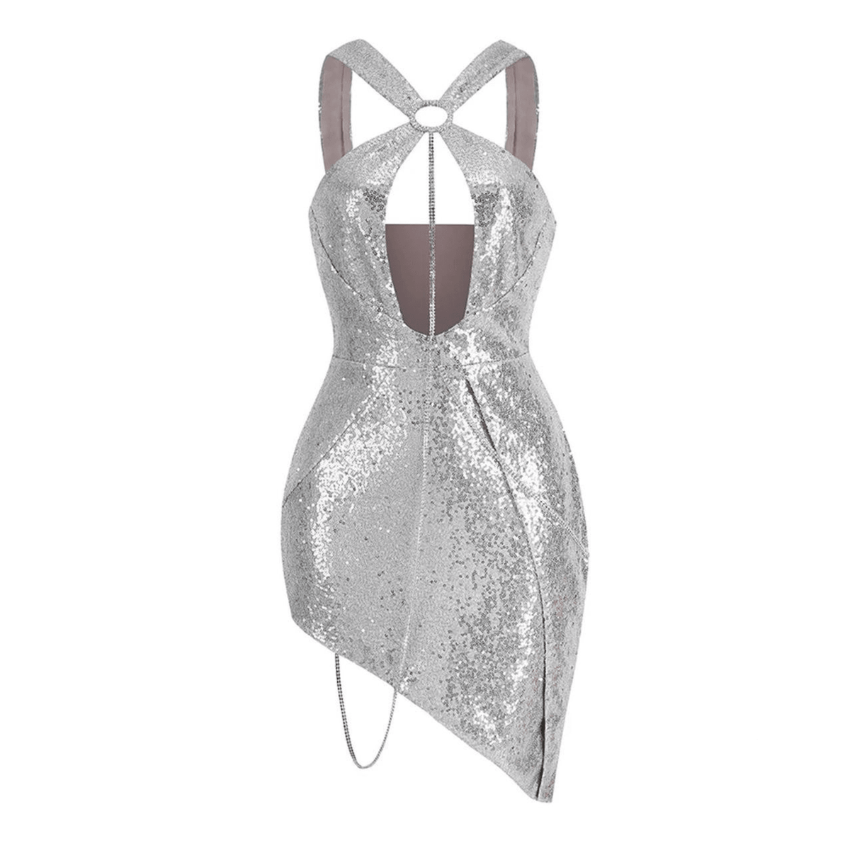 Silver Halter O-Ring Sequin Keyhole Cutout Asymmetric Bodycon Mini Dress 7
