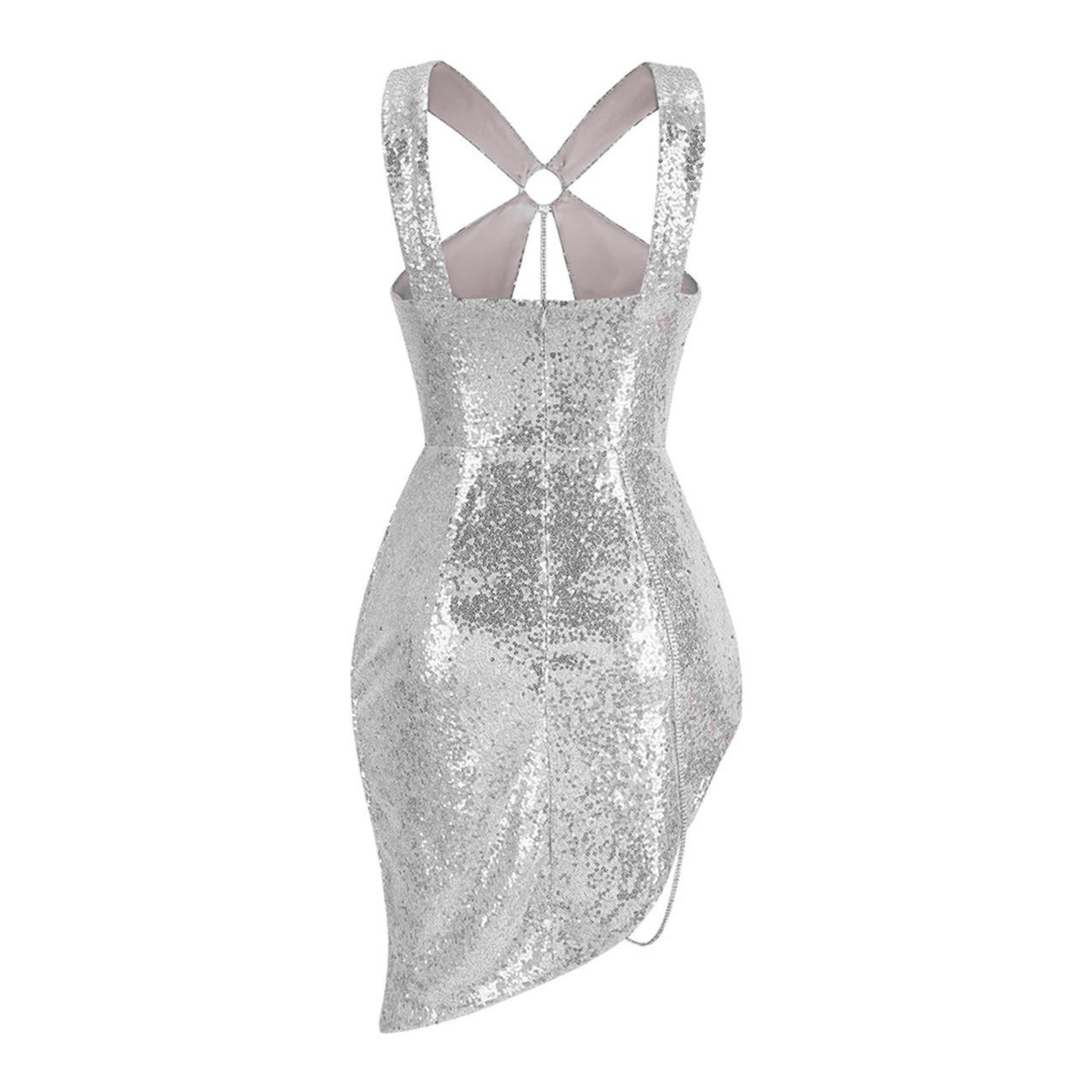 Silver Halter O-Ring Sequin Keyhole Cutout Asymmetric Bodycon Mini Dress 8