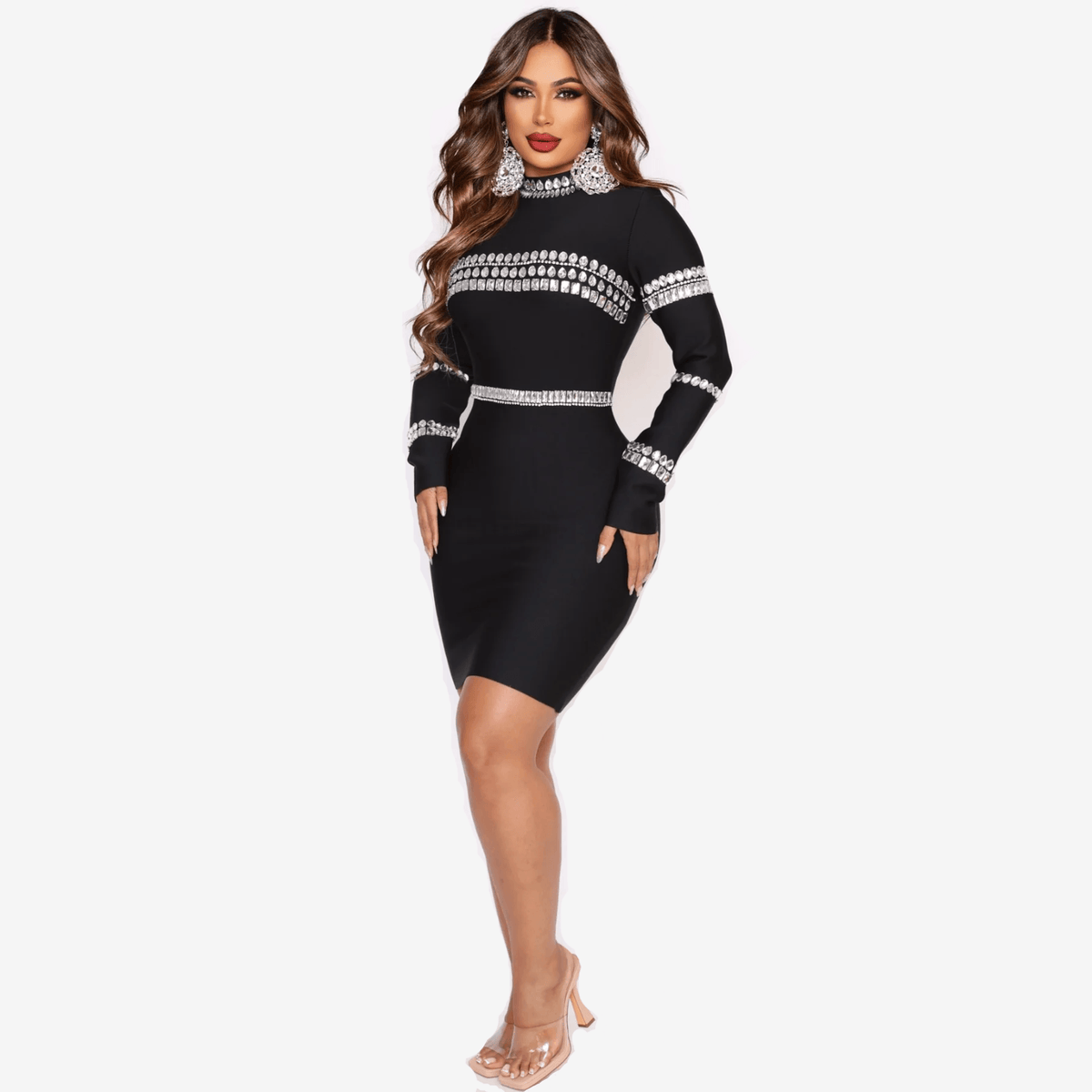 Black High Neck Long Sleeve Crystal Embellished Bodycon Mini Dress