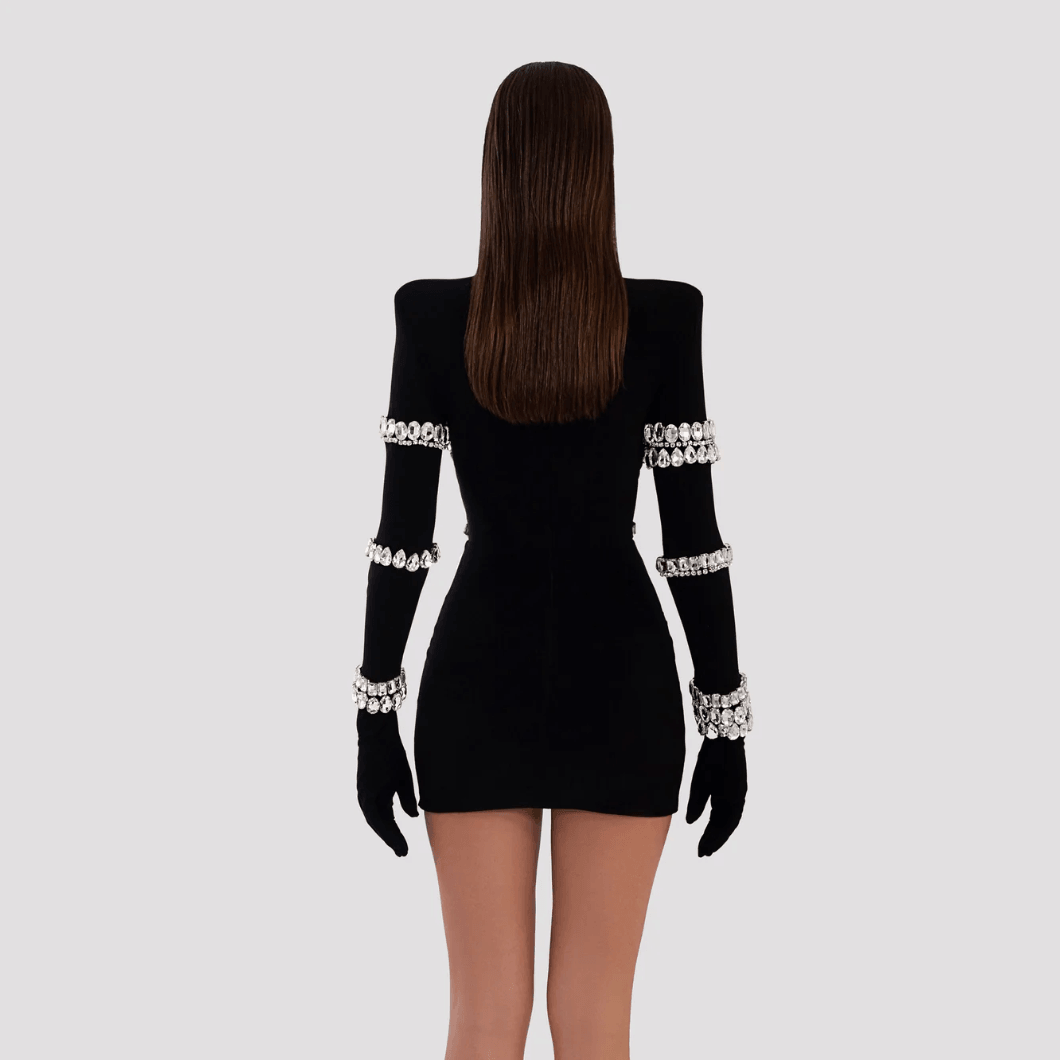 Black High Neck Long Sleeve Crystal Embellished Bodycon Mini Dress