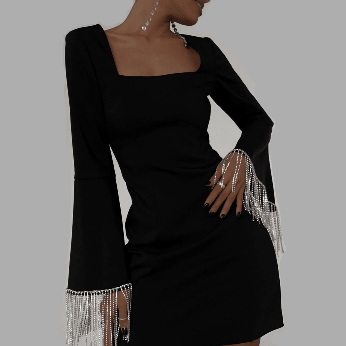 Black Long Sleeve Rhinestone Fringe Backless Bodycon Mini Dress 4