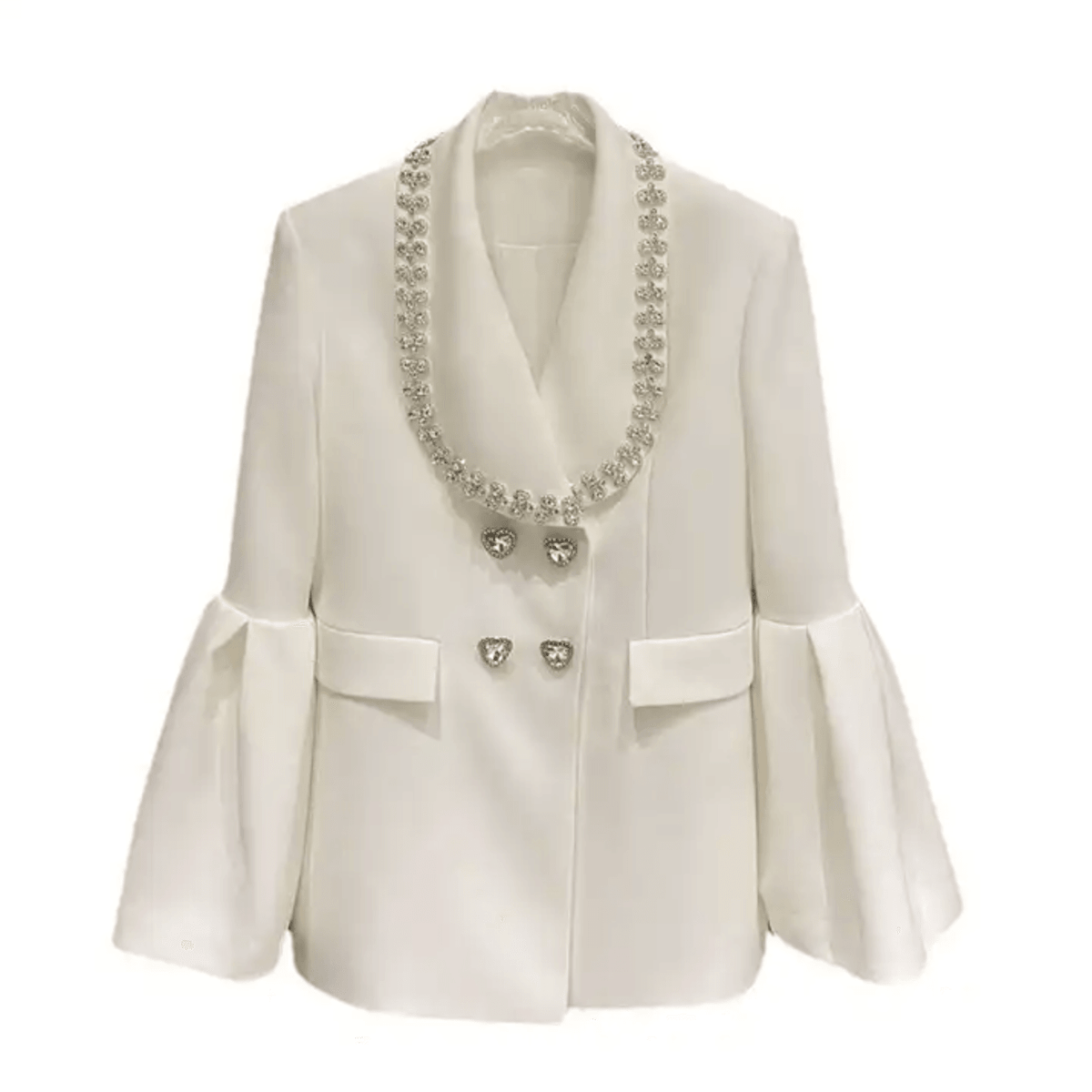 White Crystal Shawl Collar Flare Sleeve Double-Breasted Blazer Dress 10