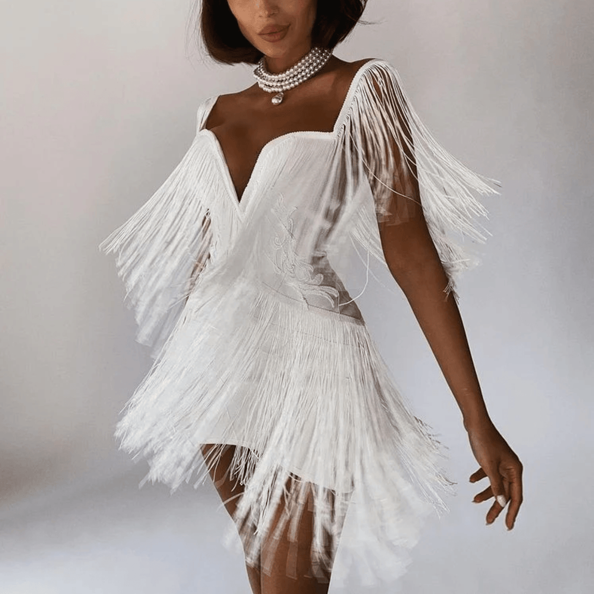 V-Neck Tiered Fringe Tassel Bodycon Mini Dress