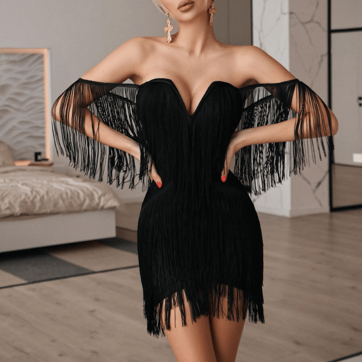 V-Neck Tiered Fringe Tassel Bodycon Mini Dress