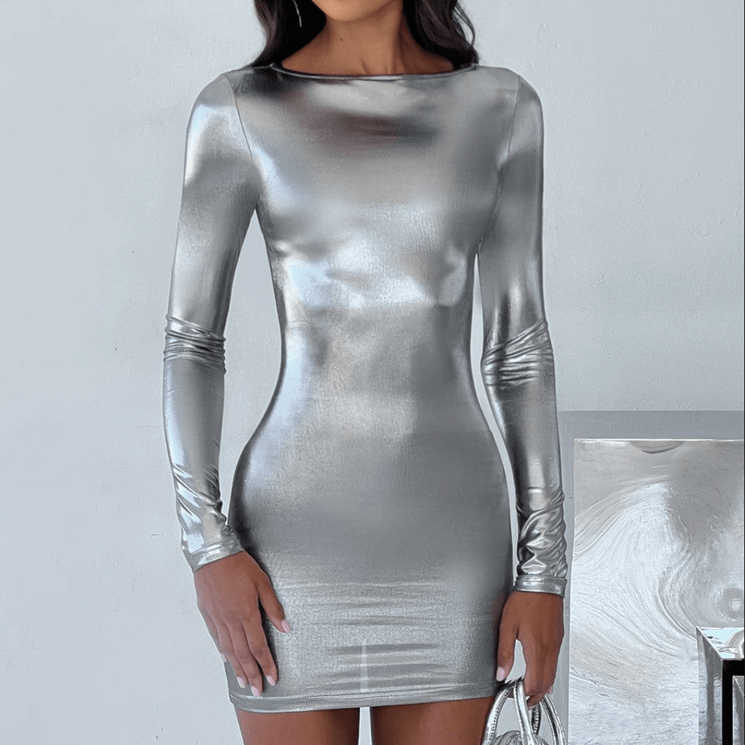 Silver Crew Neck Long Sleeve Metallic Foil Bodycon Mini Dress