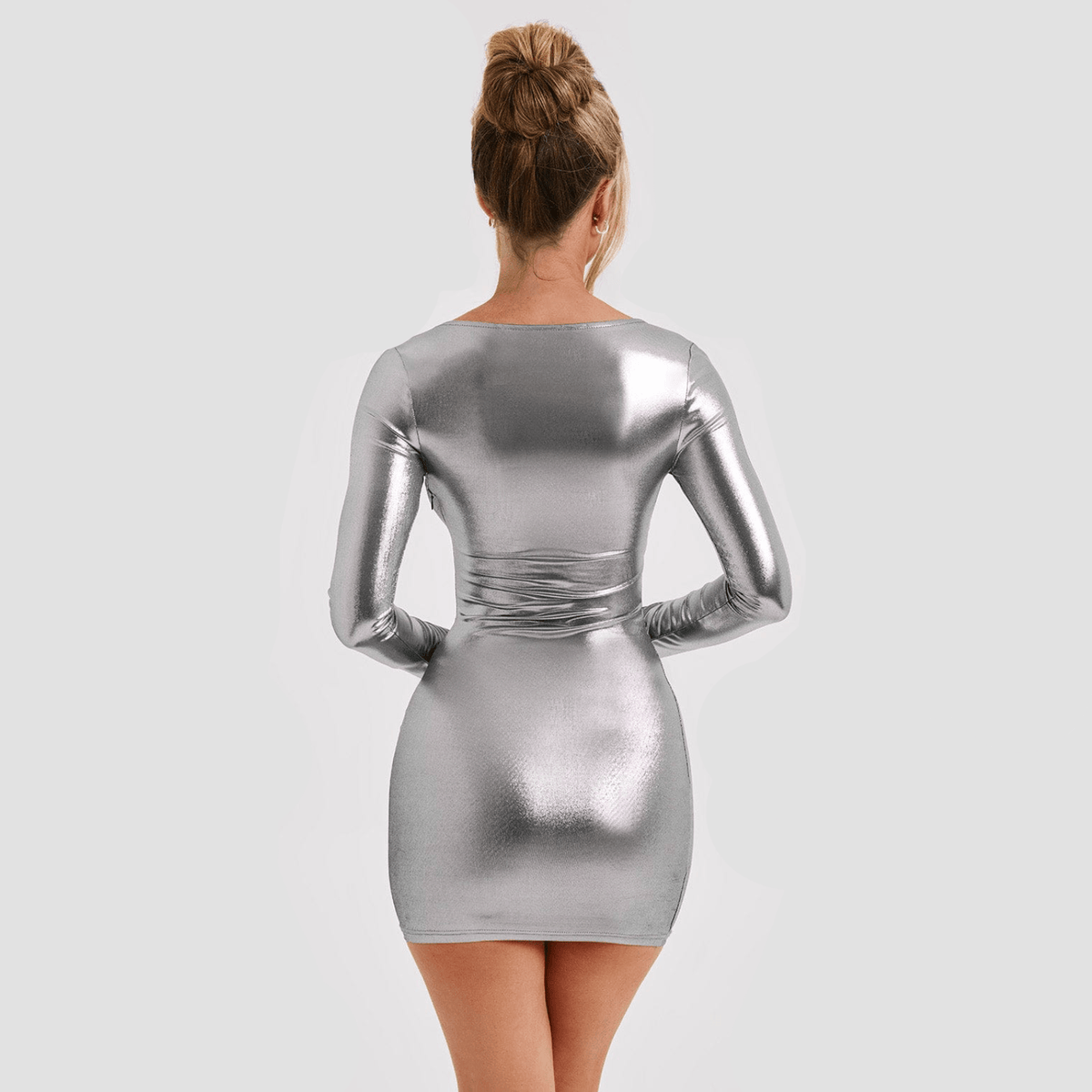 Silver Crew Neck Long Sleeve Metallic Foil Bodycon Mini Dress
